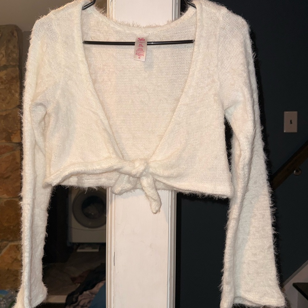Justice Fuzzy White Tie Front Cardigan Girls XL 16/18 Cropped Coquette Sweater